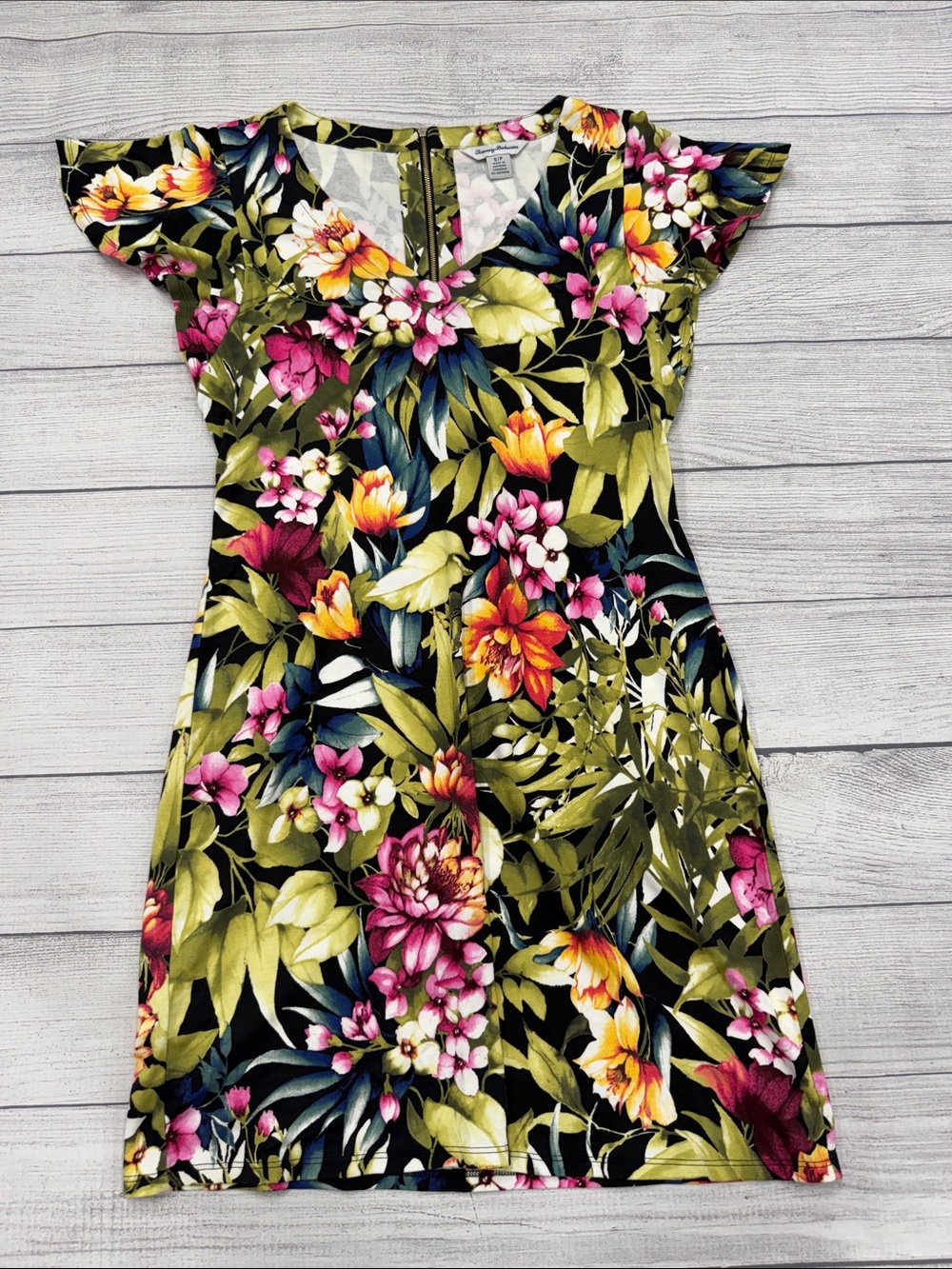 Tommy Bahama Tropical Floral Dress Small Black Pink Green Flutter Sleeve
